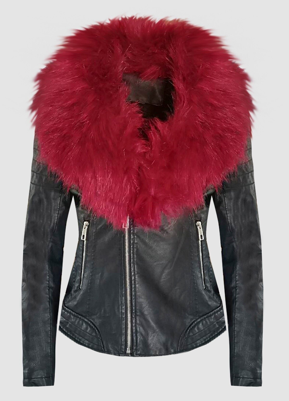 δερματίνη jacket με μπορντό γούνα στο γιακά & γούνα εσωτερικά -  Parizianista.gr