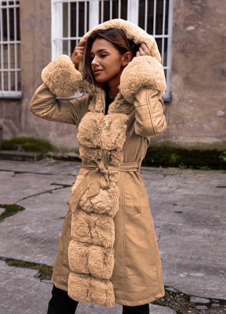 δερματίνη μεσάτο μακρύ jacket με γούνα & κουκούλα - Parizianista.gr