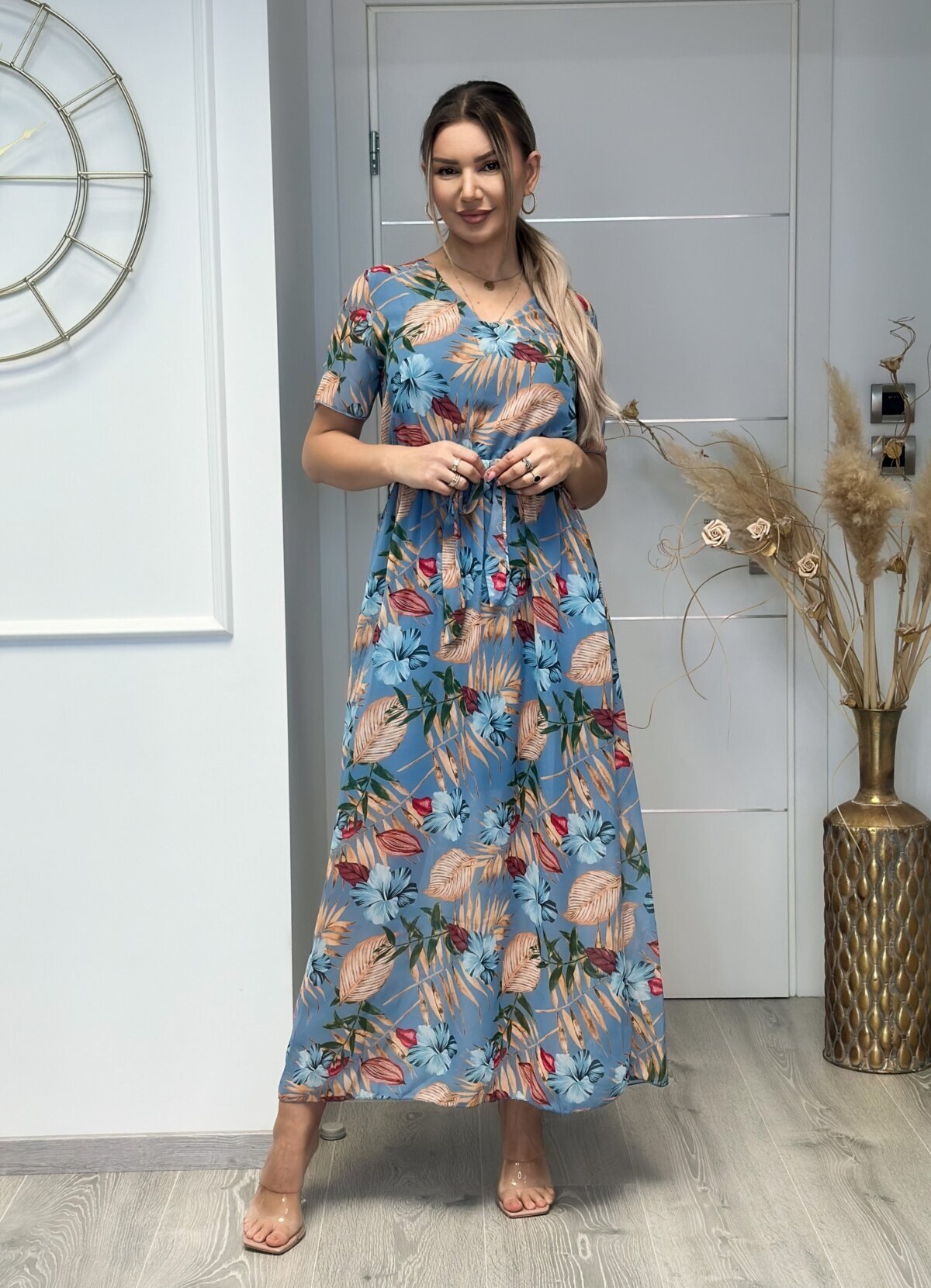 floral maxi φόρεμα κοντομάνικο με ζώνη - Parizianista.gr