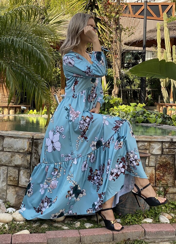 floral maxi φόρεμα με 3/4 μανίκι & βολάν - Parizianista.gr