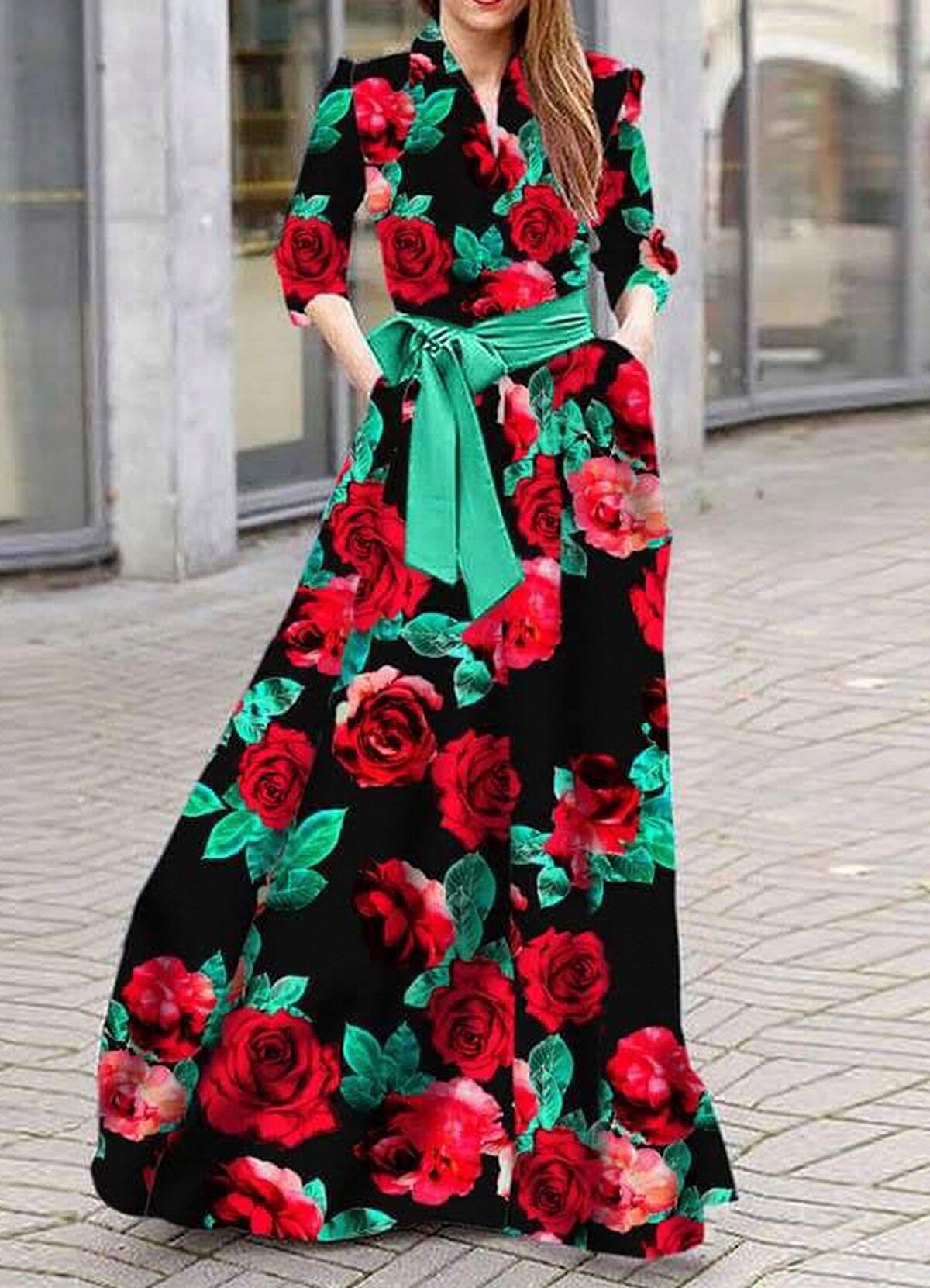 floral maxi φόρεμα με 3/4 μανίκι & ζώνη - Parizianista.gr