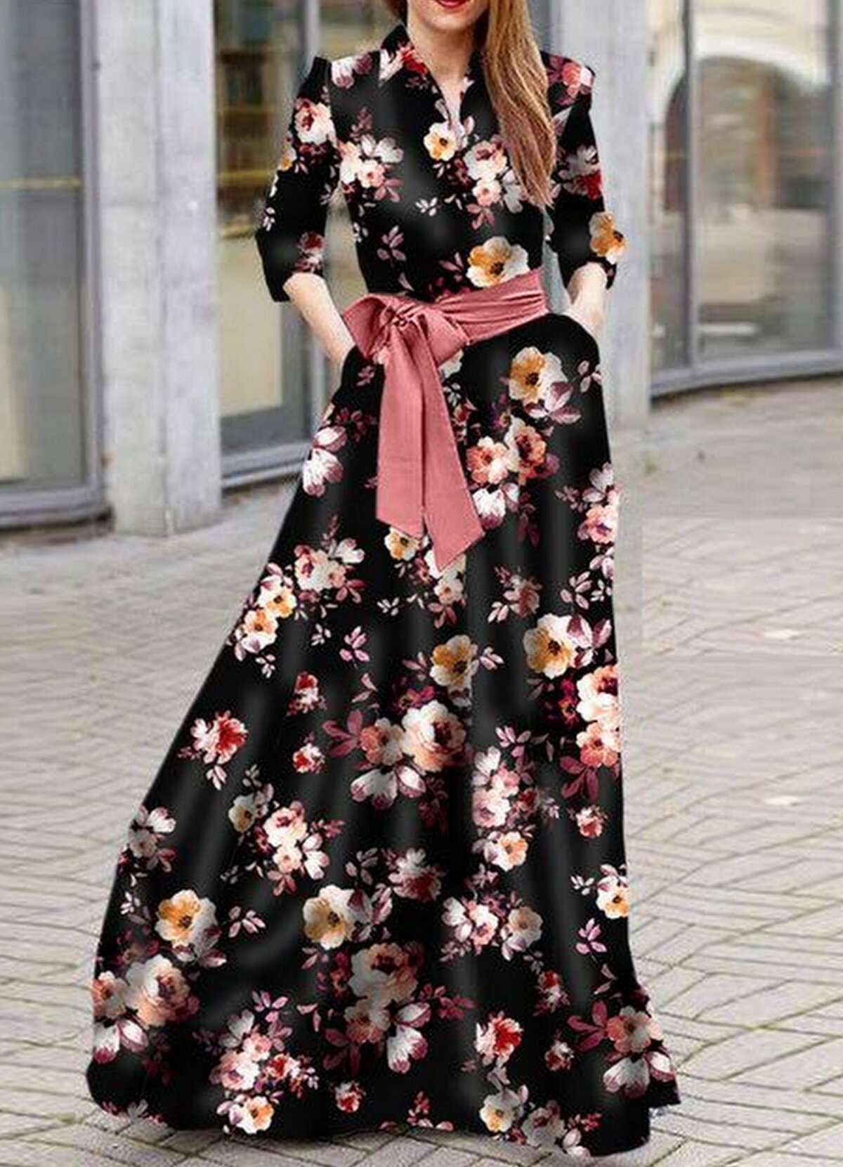 floral maxi φόρεμα με 3/4 μανίκι & ζώνη - Parizianista.gr