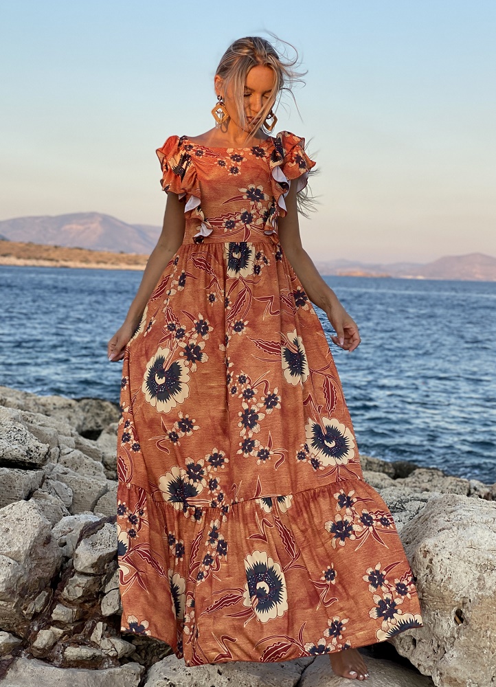floral maxi φόρεμα με βολάν μανίκι - Parizianista.gr