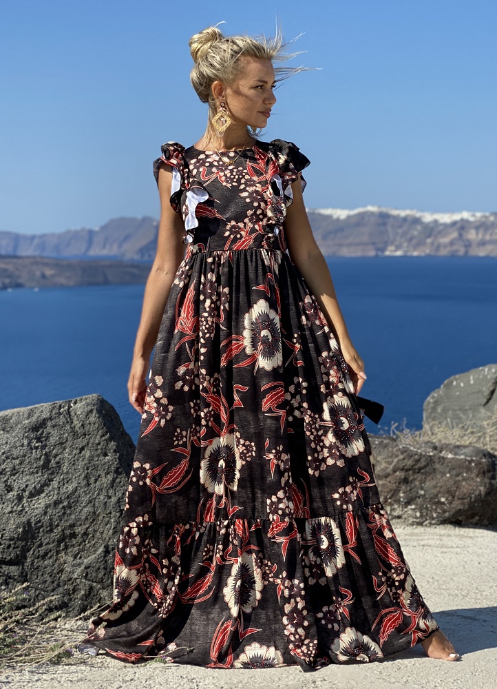 floral maxi φόρεμα με βολάν μανίκι - Parizianista.gr