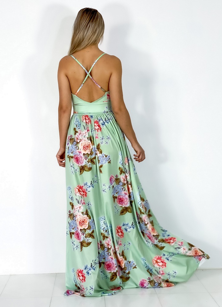 floral maxi φόρεμα τιράντα με χιαστή πλάτη - Parizianista.gr