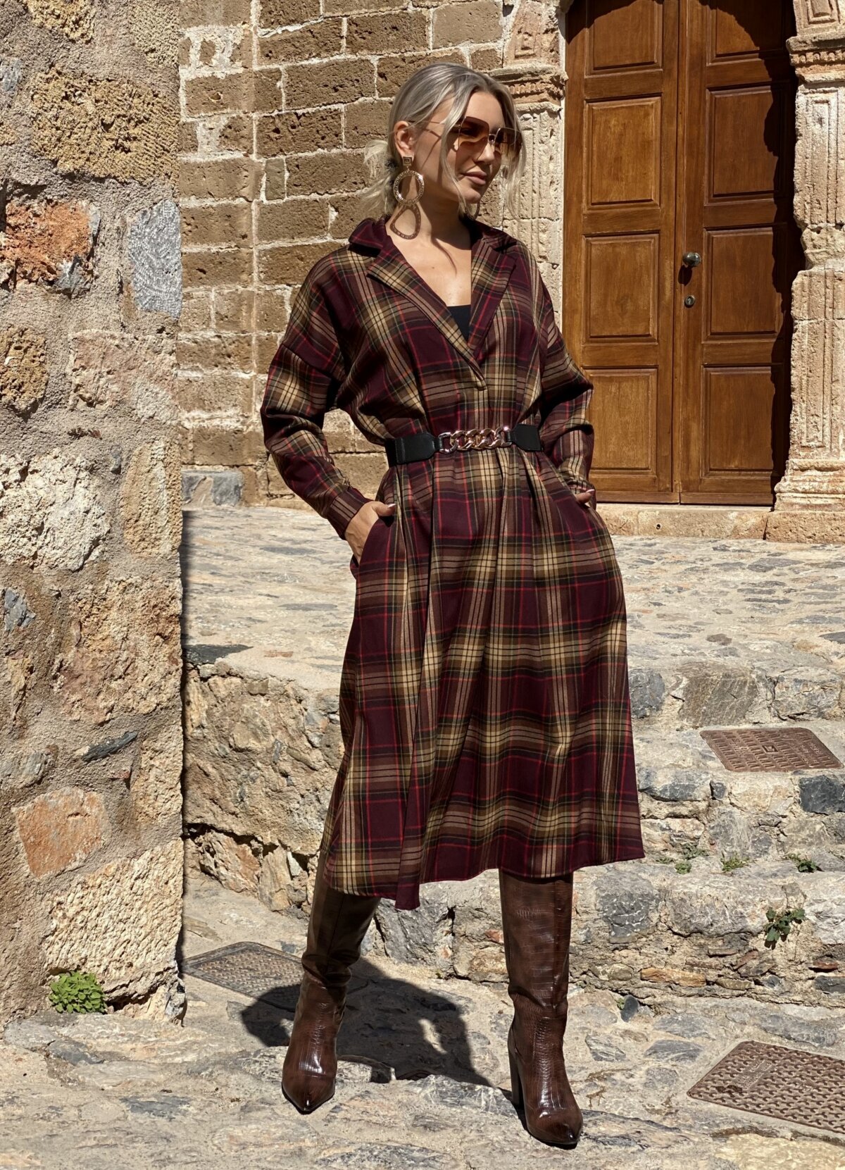 καρό κλος midi φόρεμα μεσάτο με ζώνη - Parizianista.gr