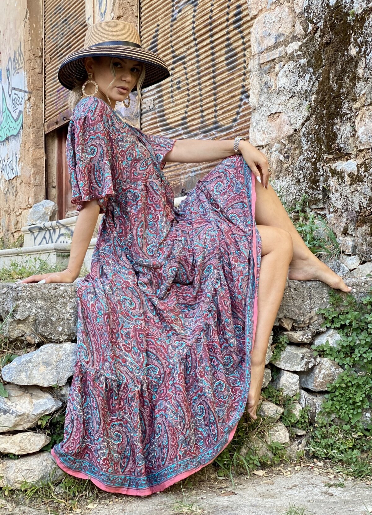 maxi boho φόρεμα με κρουαζέ ντεκολτέ - Parizianista.gr