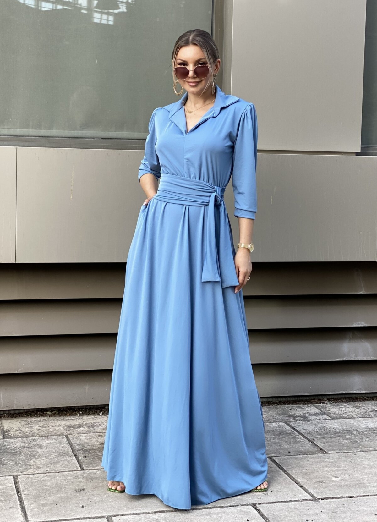 Maxi φόρεμα με 3/4 μανίκι & ζώνη - Parizianista.gr