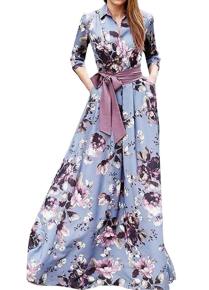 Maxi φόρεμα με 3/4 μανίκι & ζώνη - Parizianista.gr