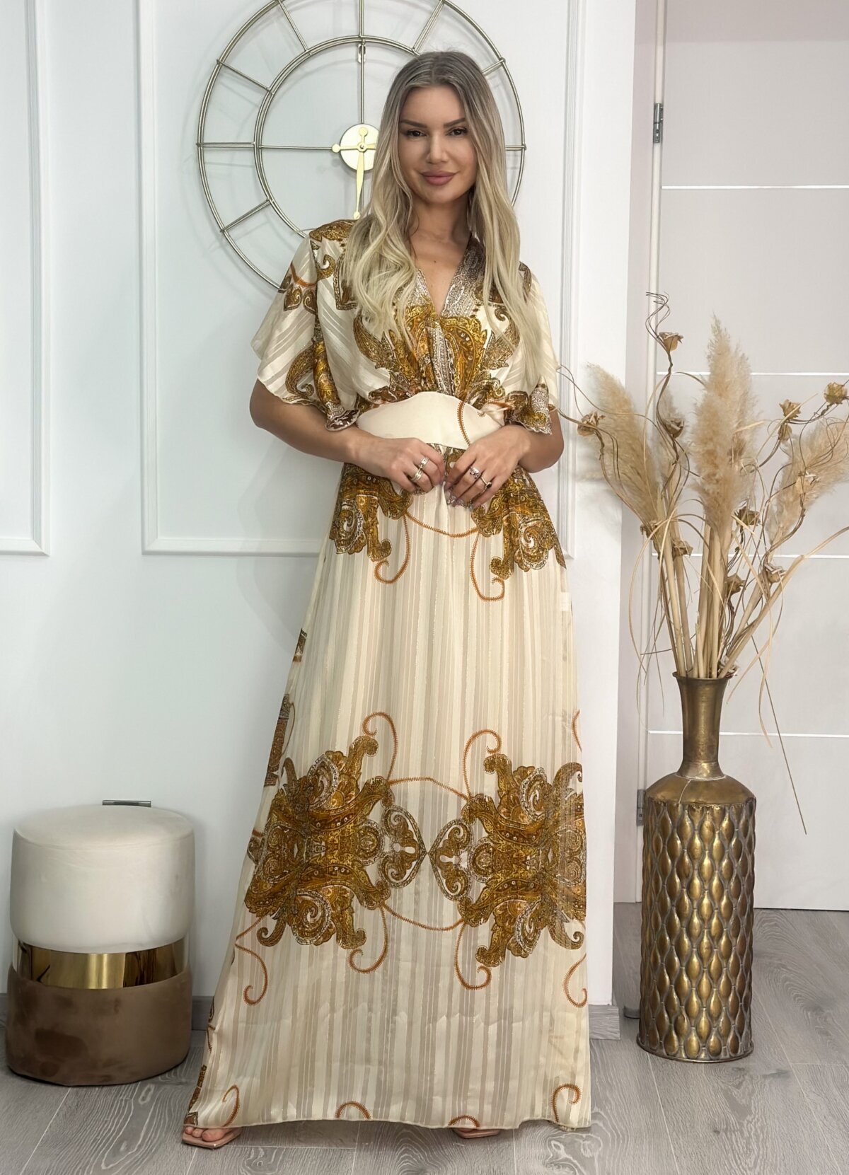 maxi φόρεμα με boho χρυσό μοτίβο - Parizianista.gr