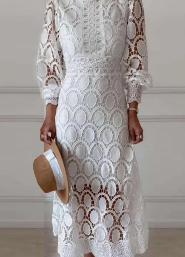 φόρεμα midi δαντέλα με ψηλό γιακά – Λευκό 26443009