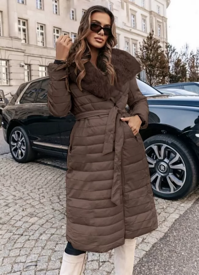 waist long jacket with fur collar & belt