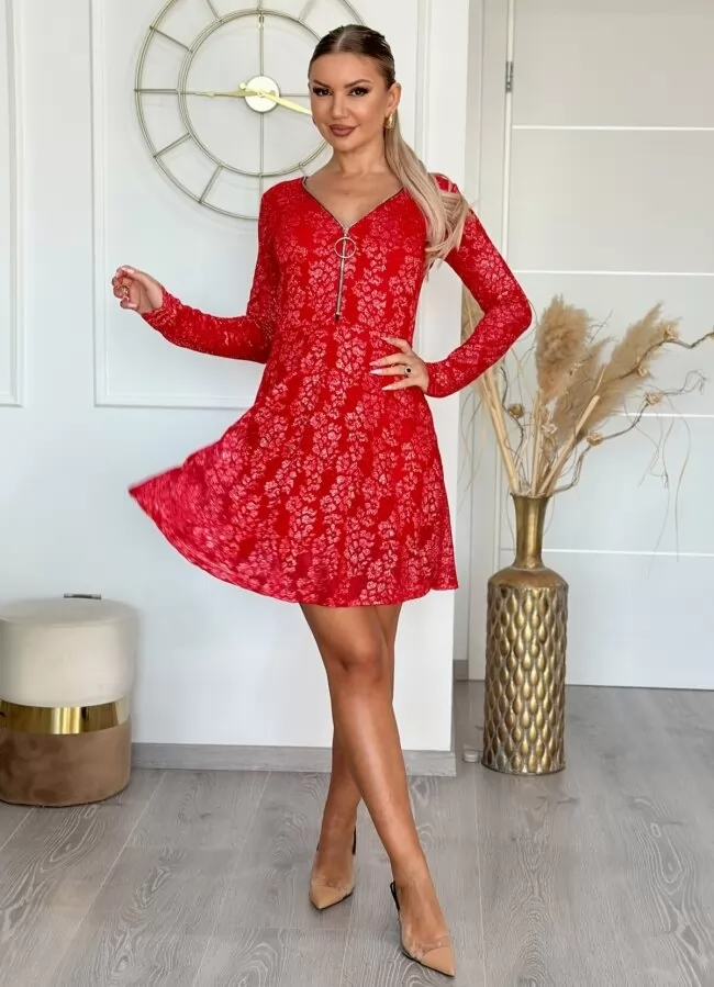 Parizianista Mini φόρεμα δαντέλα με φερμουάρ στο ντεκολτέ - Κόκκινο