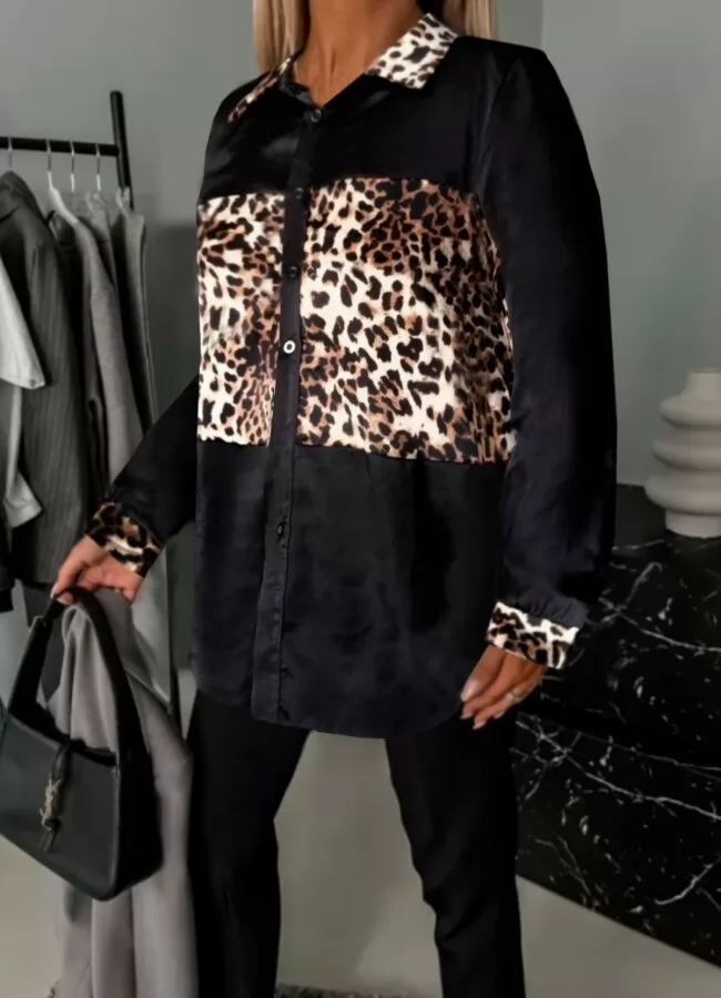 Parizianista πουκαμίσα σατινέ με λεοπάρ λεπτομέρειες - Μαύρο